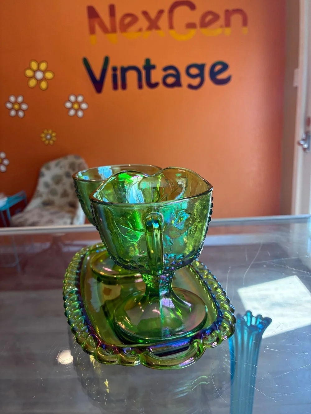 Indiana Glass Harvest Grape Lime Green Carnival Cream Sugar Tray Set